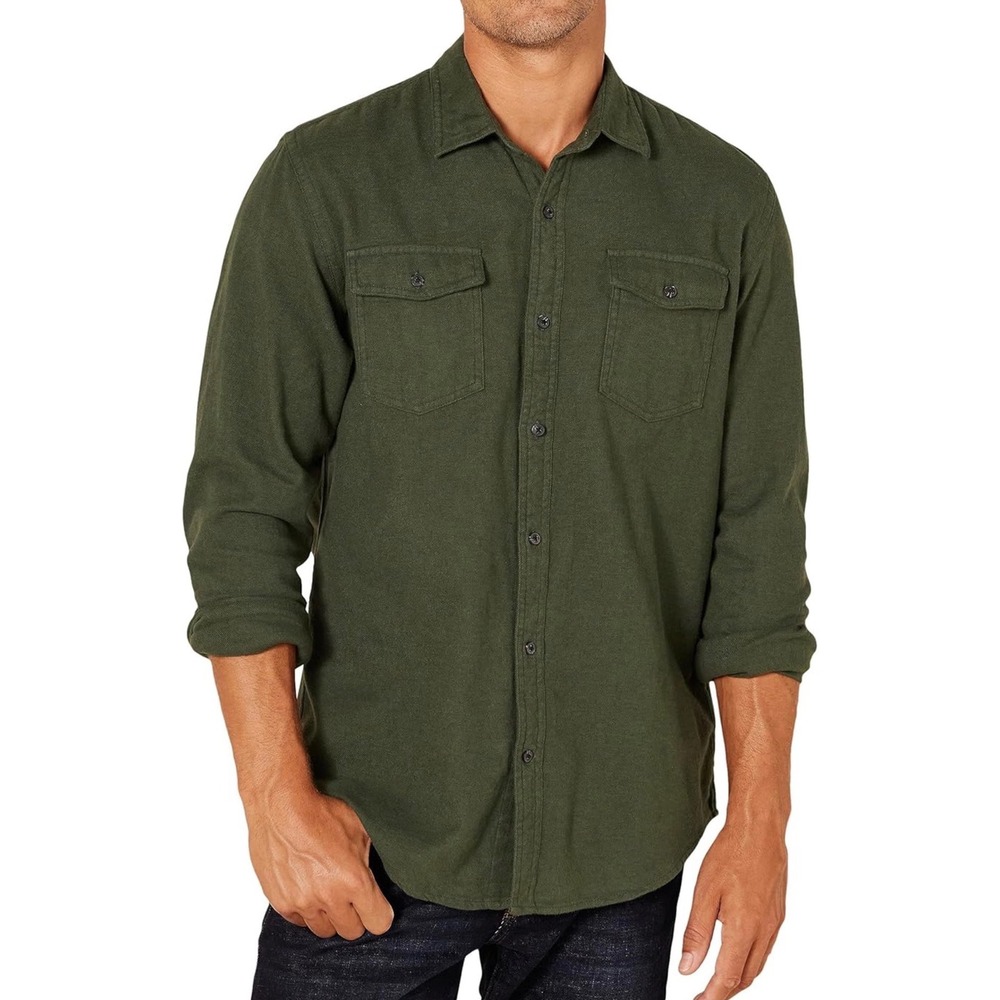 Amazon Essentials Men's Regular Fit 2-Pocket Flannel Shirt Olive Heather Size L
